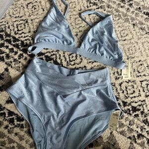 Aerie Shine Rib plunge Bikini Top and crossover high-waisted bikini bottom